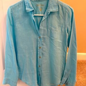 Lilly Pulitzer Linen Button Down pastel turquoise gold button shirt sz XS